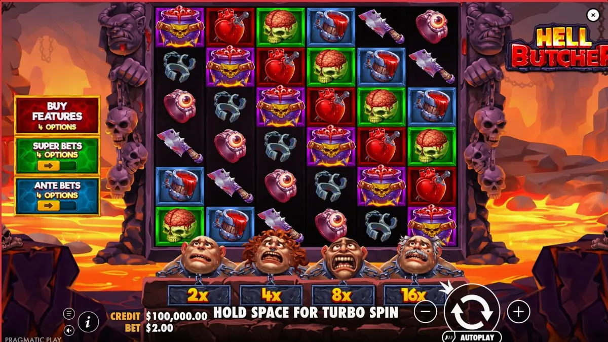 Tampilan visual slot Hell Butcher dengan tema horor dan simbol mengerikan