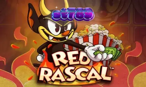 Tampilan visual karakter Red Rascal di depan latar belakang taman hiburan yang penuh warna.
